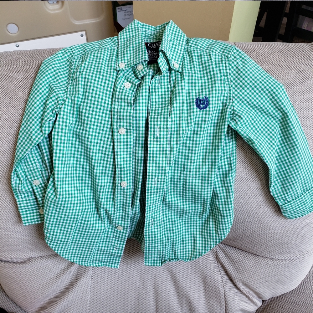 2T Chaps Green And White Gingham easy care oxford Button Down